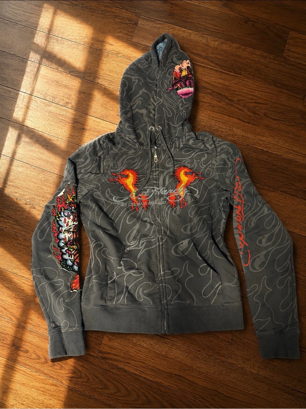 Ed Hardy Gray Zip Hoodie with Flame Dragon Embroideries